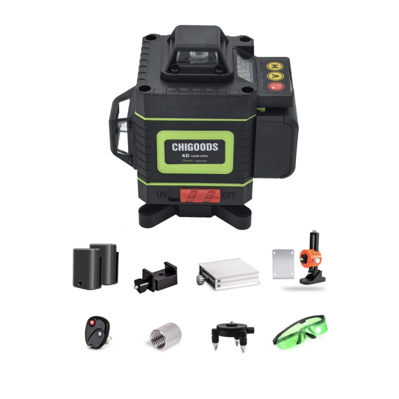 Nivela laser 4D, Chigoods®, Profesionala, 16 linii, 4x360º, IP-54, Precizie milimetrica, Verde/Negru, Baza de ajustare fina