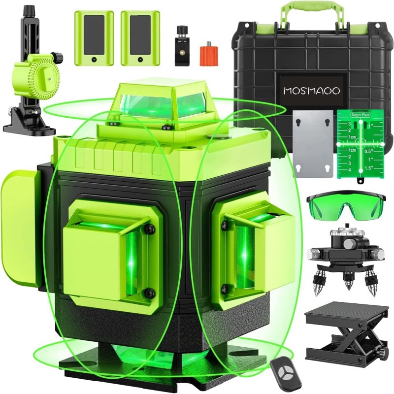 Nivela laser 4D cu 16 linii, MOSMAOO, 360°, Platforma de ridicare, cu autonivelare, Telecomanda, Lumina verde, Negru/Verde