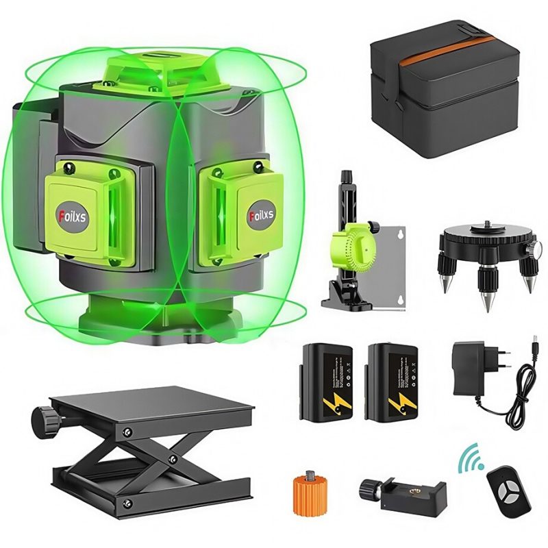 Nivela Laser 4D, Folixs®, Profesionala, 16 linii, 4x360º, IP-54, Precizie milimetrica, 515 nm dioda laser, ± 3° domeniu lucru 30 m, cu Telecomanda, Negru/Verde