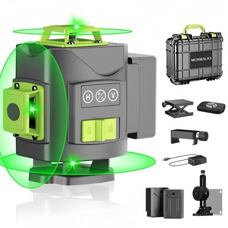 Set Nivela Laser MOSMAOO, 4D, 16 linii, laser verde, Precizie milimetrica, 2 baterii, Suport de perete magnetic, Cu geanta transport plastic, Verde/Gri