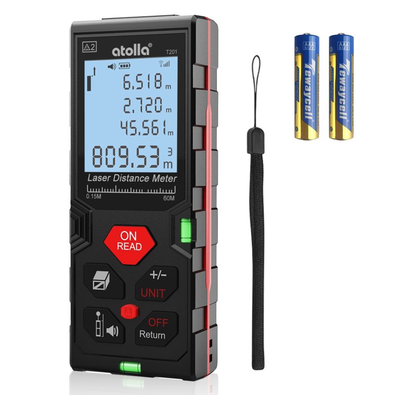 Telemetru cu laser 60 m, Atolla, Ecran LCD, precizie +/- 2mm, protectie IP54, clasa laser II, calcul suprafata, calcularea volumelor, Negru